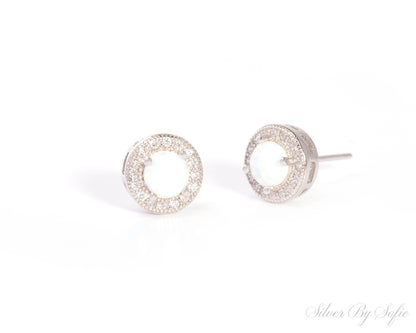 White opal circle sterling silver earrings