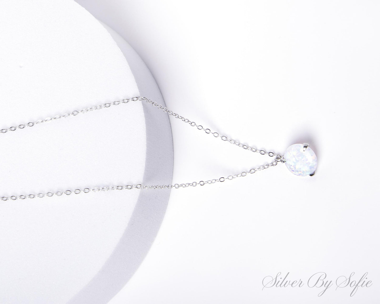 White opal sterling silver 3 prong necklace
